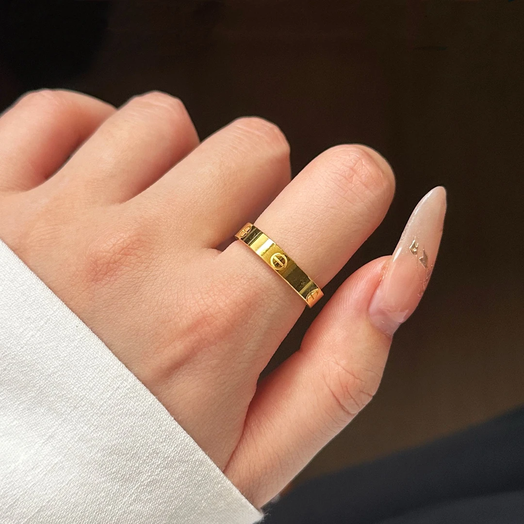 足金999 宽版4mm一字卡家戒指经典简约情侣对戒素圈气质 5D硬金