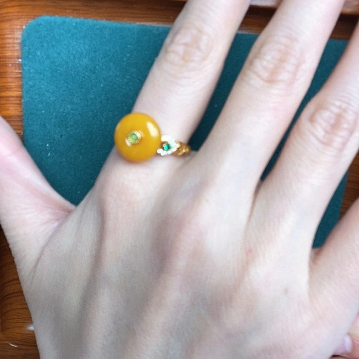 蜜蜡戒指银S925镶嵌戒指