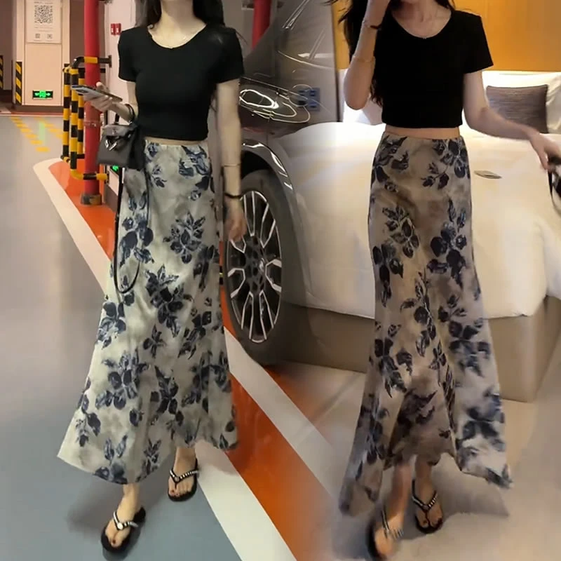 【有运费险】气质减龄高腰印花半身裙套装女2025夏季新款时尚两件套