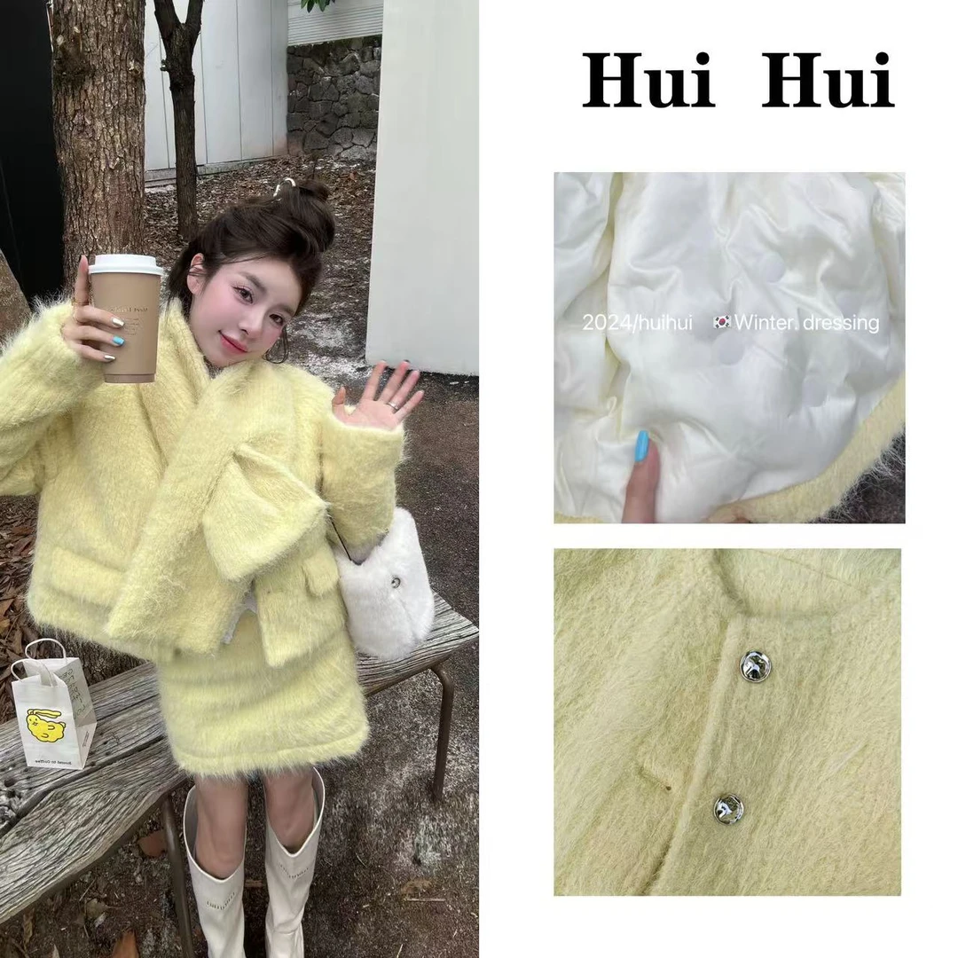 【HuiHui】白鸭羽绒小香风毛呢外套加厚保暖+围巾+裙子套装（A1291)