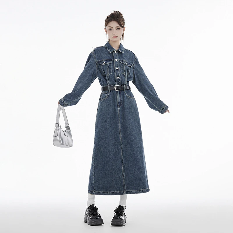 复古牛仔套装连衣裙女秋季2025新款连体长袖收腰显瘦美式开叉长裙