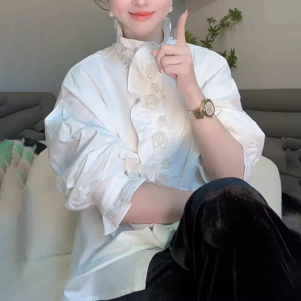 法式白色衬衫女士早春轻奢高级感内搭叠穿衬衣荷叶边独特别致上衣