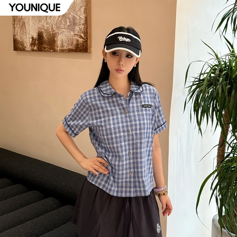 【ECHOADE】新品25春夏时尚休闲格子花边领短袖衬衫女
