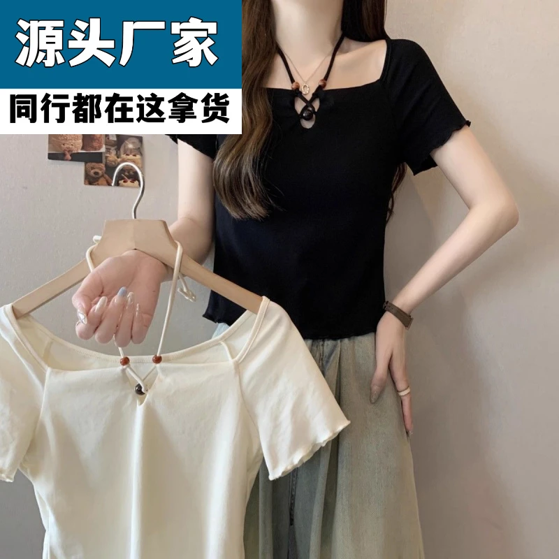 梵乐芬夏季新款宽松直筒短袖T恤女装显瘦纯色方领上衣青年韩版