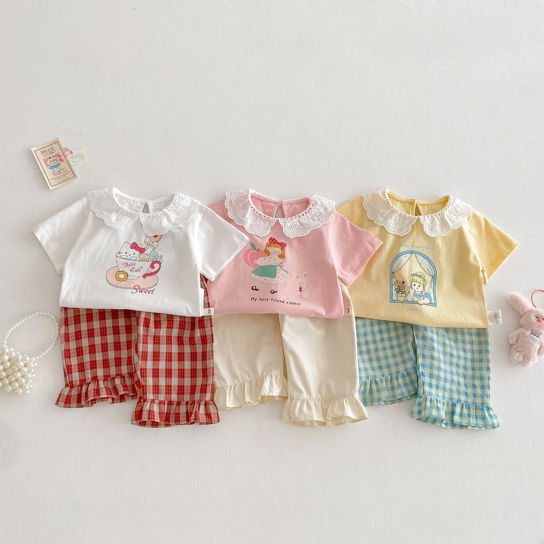 女童格子直筒裤2025新款夏季儿童洋气裤脚拼接休闲裤宝宝韩版裤子