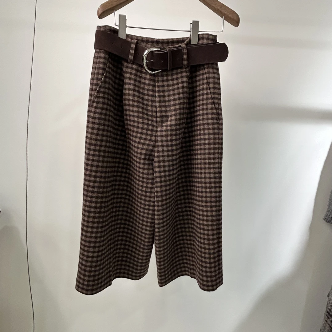 冬季新款高腰格子毛呢阔腿休闲直筒裤女显瘦百搭