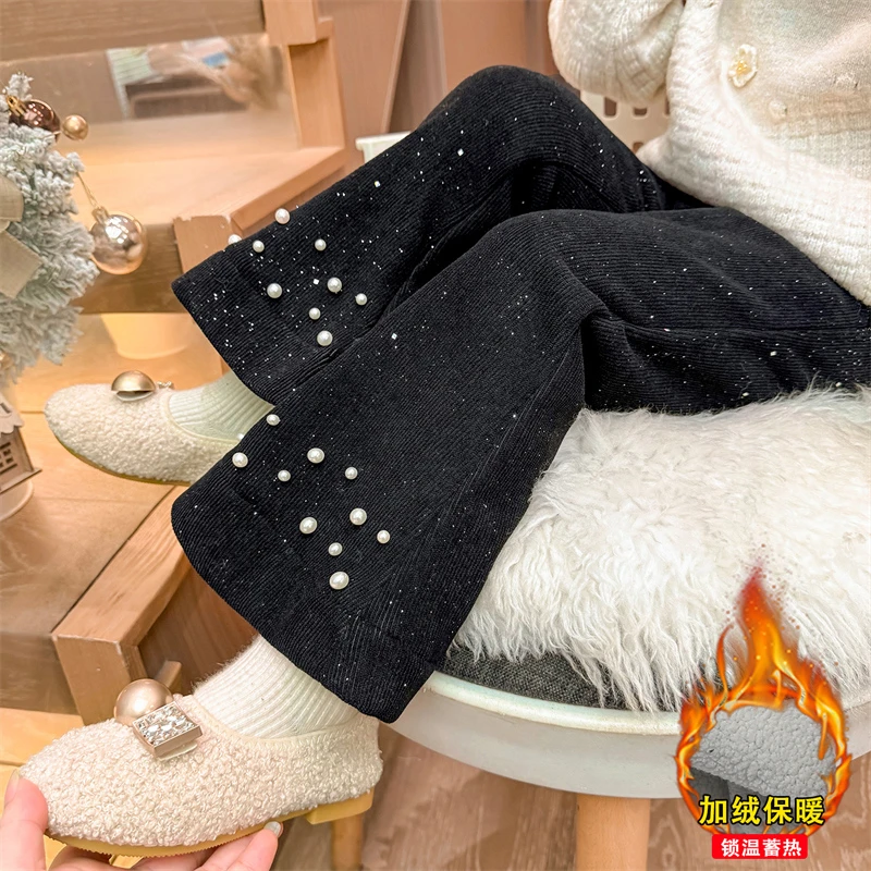 女童加绒喇叭裤子洋气加厚一体绒儿童秋冬装裤子女宝宝保暖休闲裤