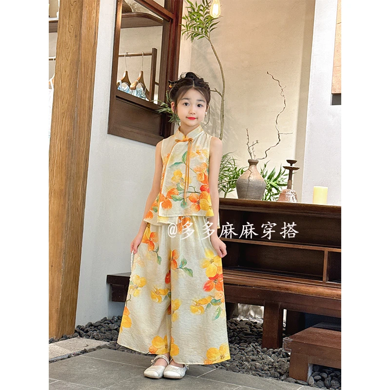 碎花女童夏季休闲风唐装单排扣女民族风阔腿薄款套装23961#