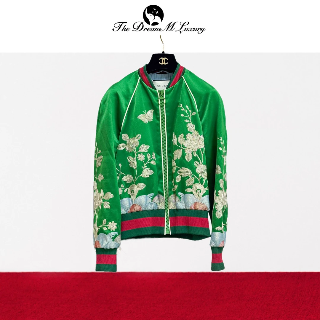 99新 GUCCI/古驰 40码绿色拼红色拼白色花朵 缎面 拉链 外套