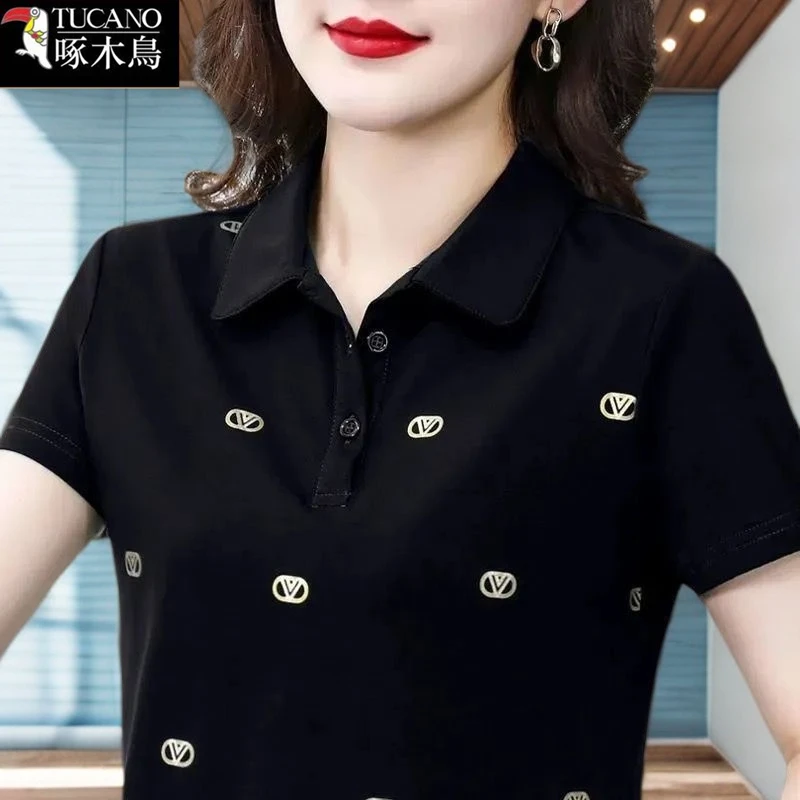 啄木鸟新款韩版翻领印花纯色T恤2025年夏季潮流时尚高级感上衣女