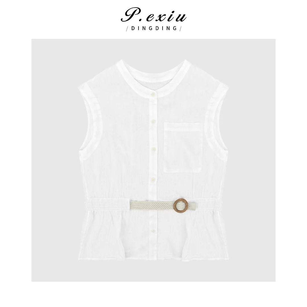 100%亚麻精致气质高腰设计无袖圆领衬衫H2521