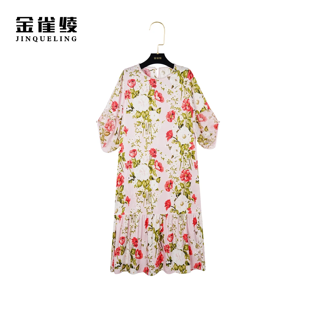 金雀绫【红粉佳人】桑蚕丝法式轻奢镶钻领边真丝连衣裙B23035