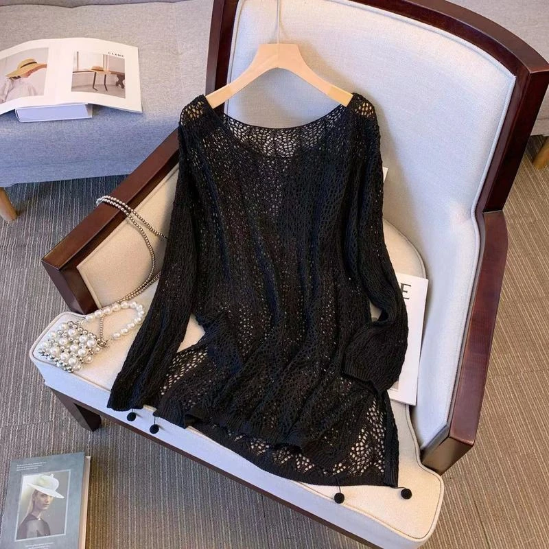 品牌折扣柜镂空钩花针织衫女春夏慵懒风宽松中长款长袖防晒衣薄款