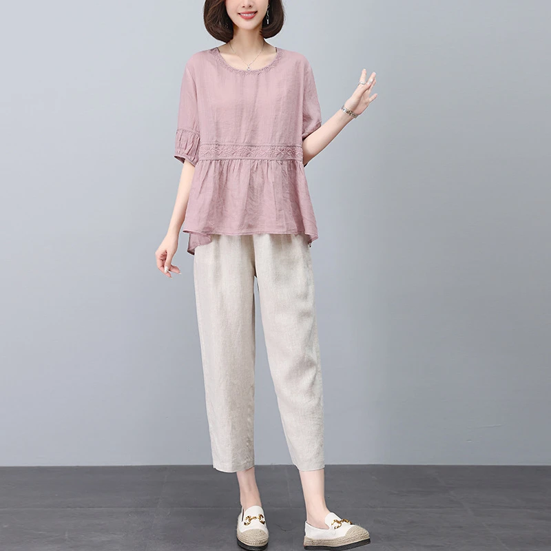 927棉麻套装2025夏季宽松薄款时尚上衣中年妈妈棉麻九分裤两件套