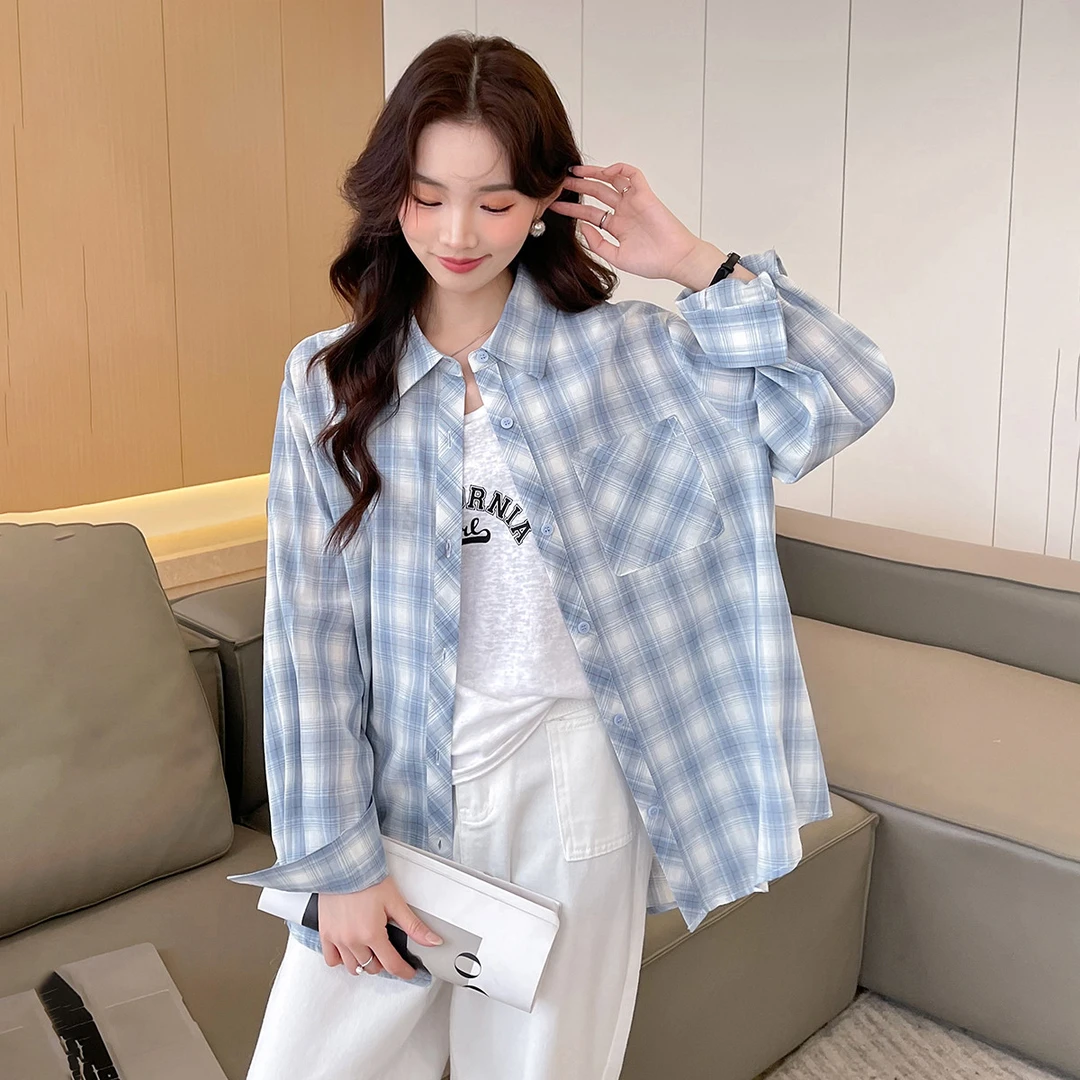 2C18 DB1早春新款翻领撞色格子长袖衬衫减龄清新