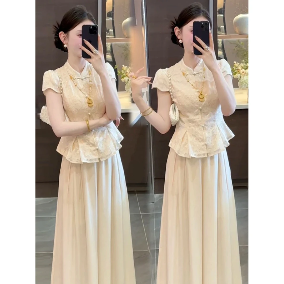 夏季搭配一整套干练气质轻奢高级感超火新中式国风杏色盘扣套装裤