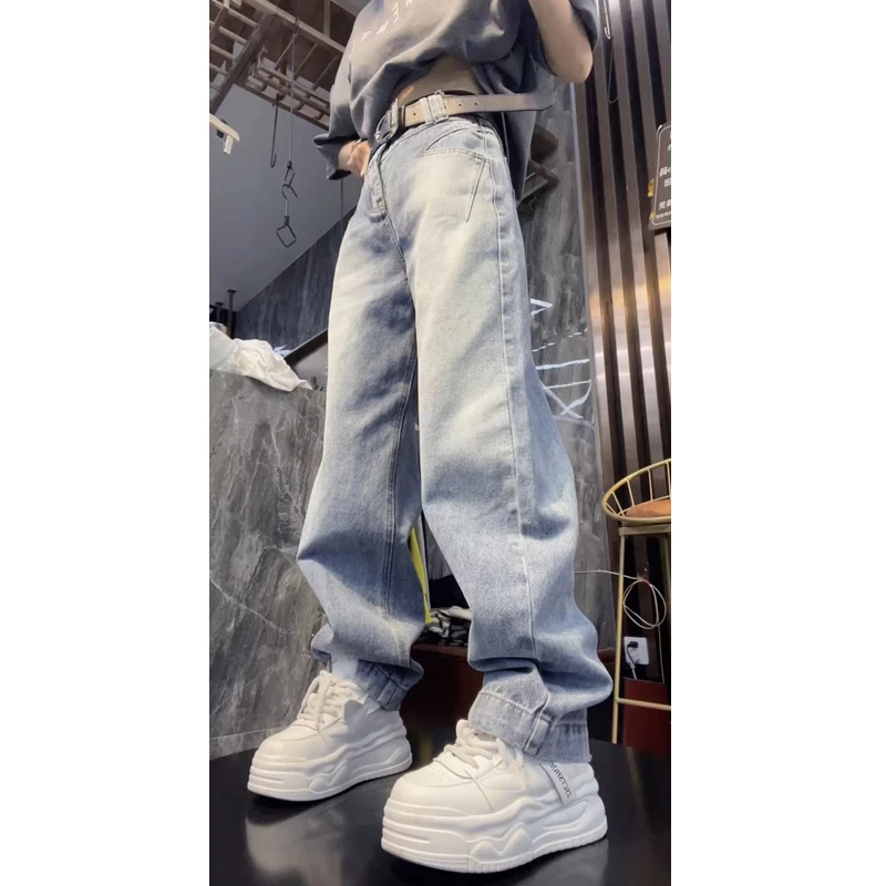蓝色牛仔裤女2025年秋季新款爆款弯刀裤子时尚显瘦高腰宽松阔腿裤