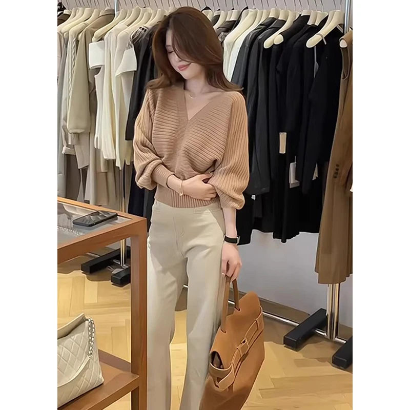 韩系气质V领短款轻奢INS风毛衣女秋冬收腰显瘦软糯套头针织衫上衣