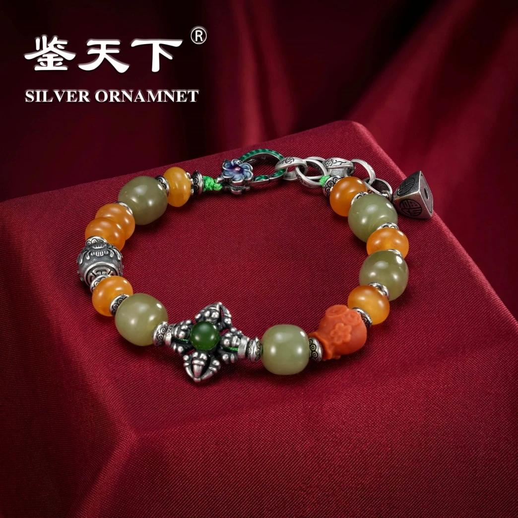 复古和田玉蜜蜡串珠四通金刚杵银手链06200738