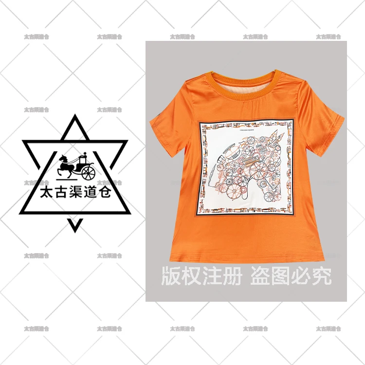 【太古一号仓】‘’交错马术“ 桑蚕丝上衣 大牌丝巾印花小资轻奢T恤女
