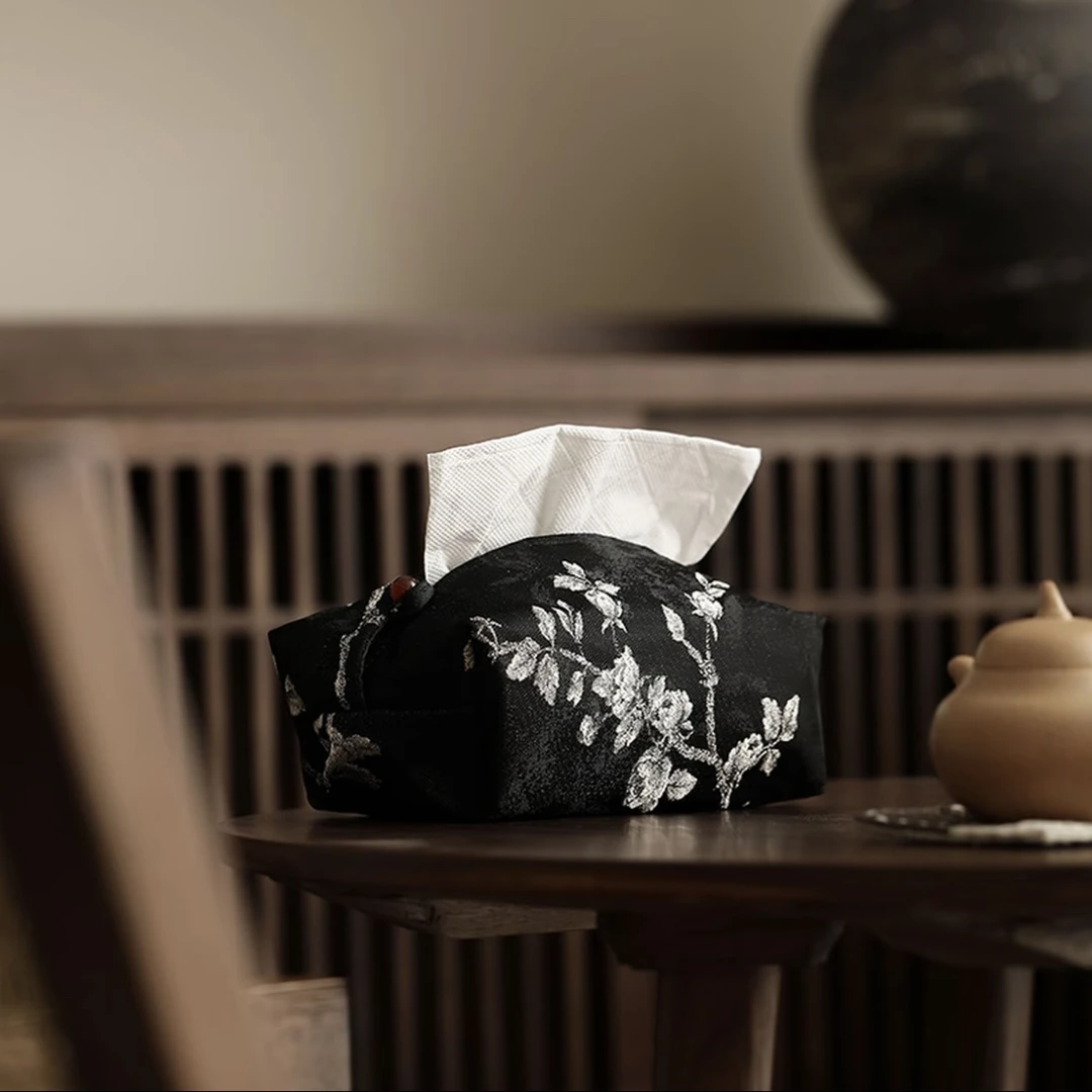 茶禾 织锦布艺刺绣白梅纸巾盒