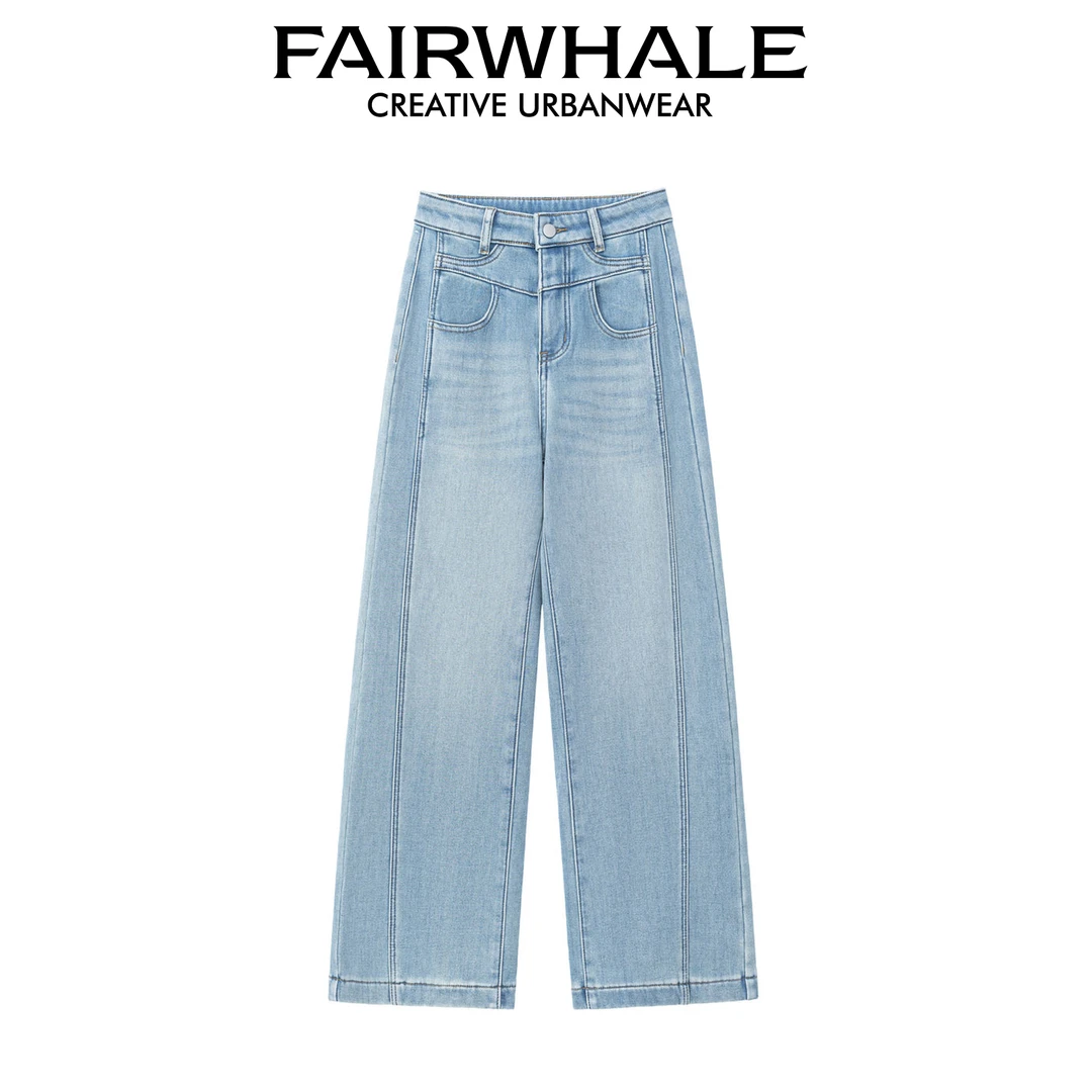 FAIRWHALE2025年秋冬新款牛仔裤女直筒宽松弹力时尚加绒加厚休闲