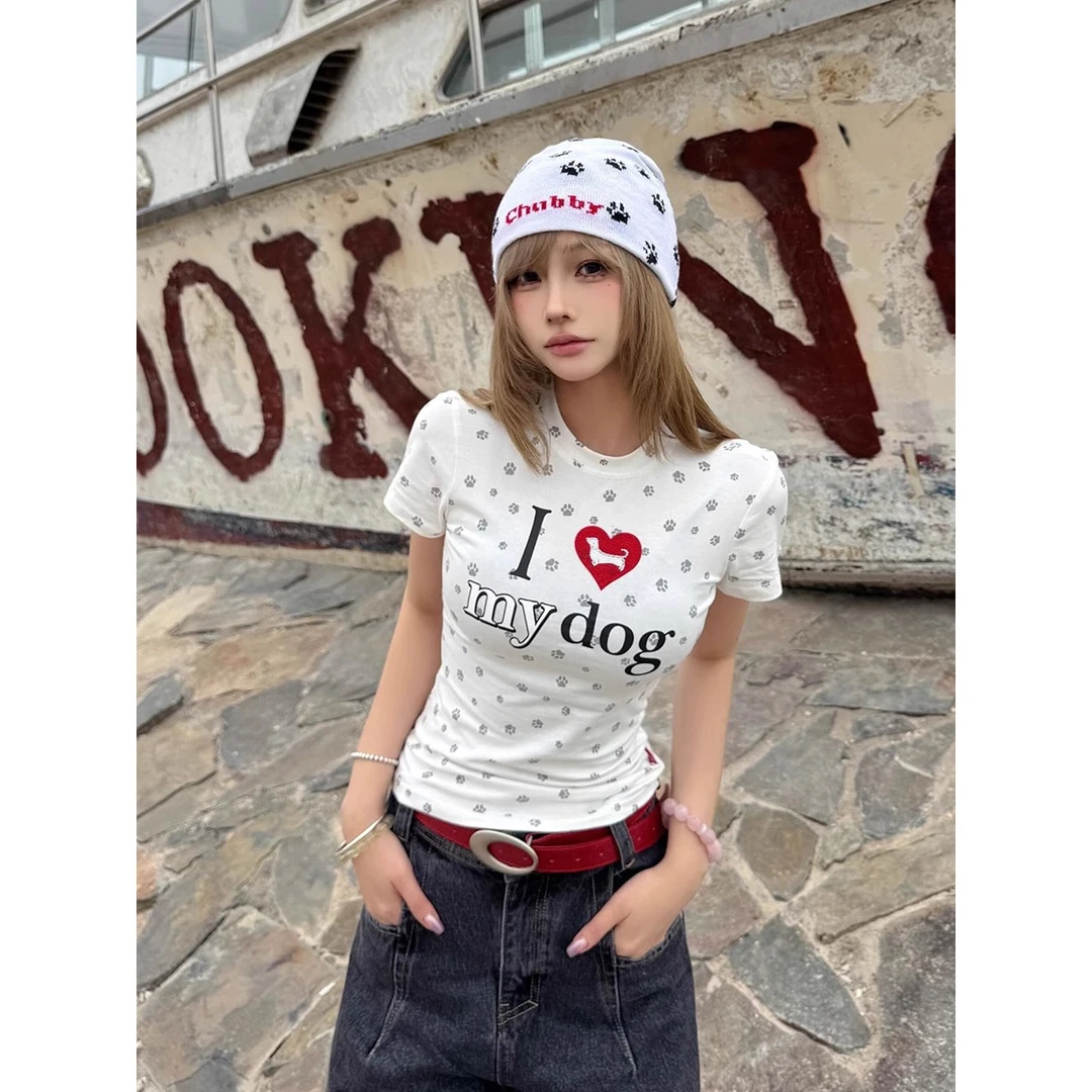 美式复古爱心狗爪满印短袖t恤女夏季修身显瘦小个子短款辣妹上衣