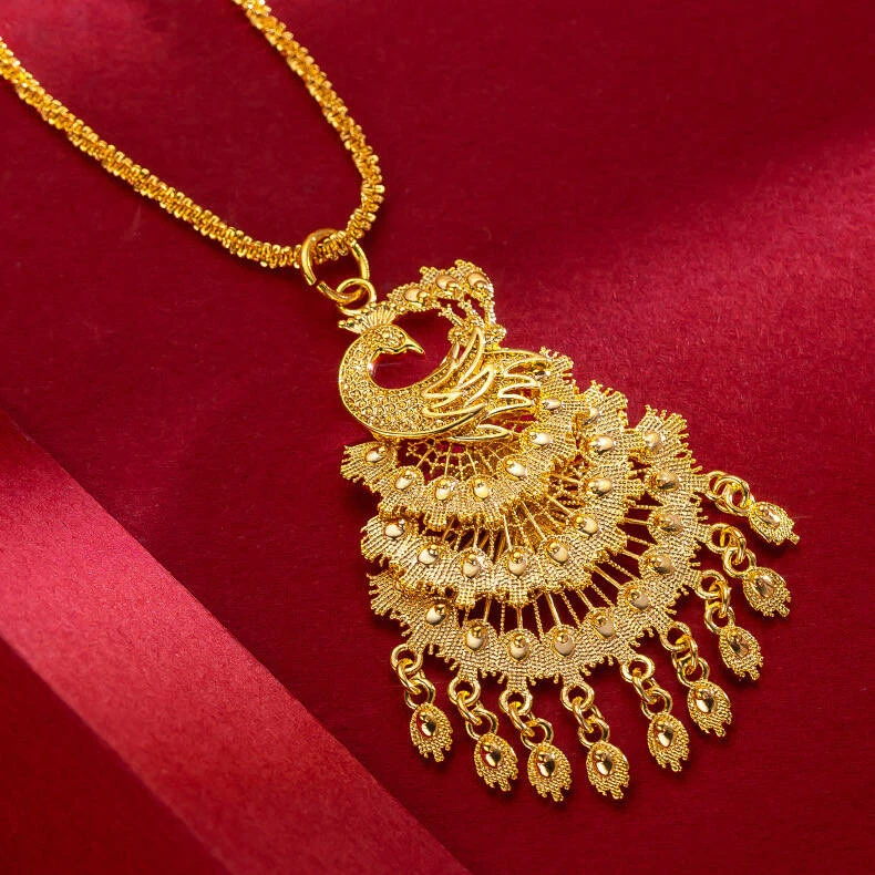 铜合金项链 金版孔雀项链女款送妈妈金孔雀毛衣链吊坠金色锁骨链