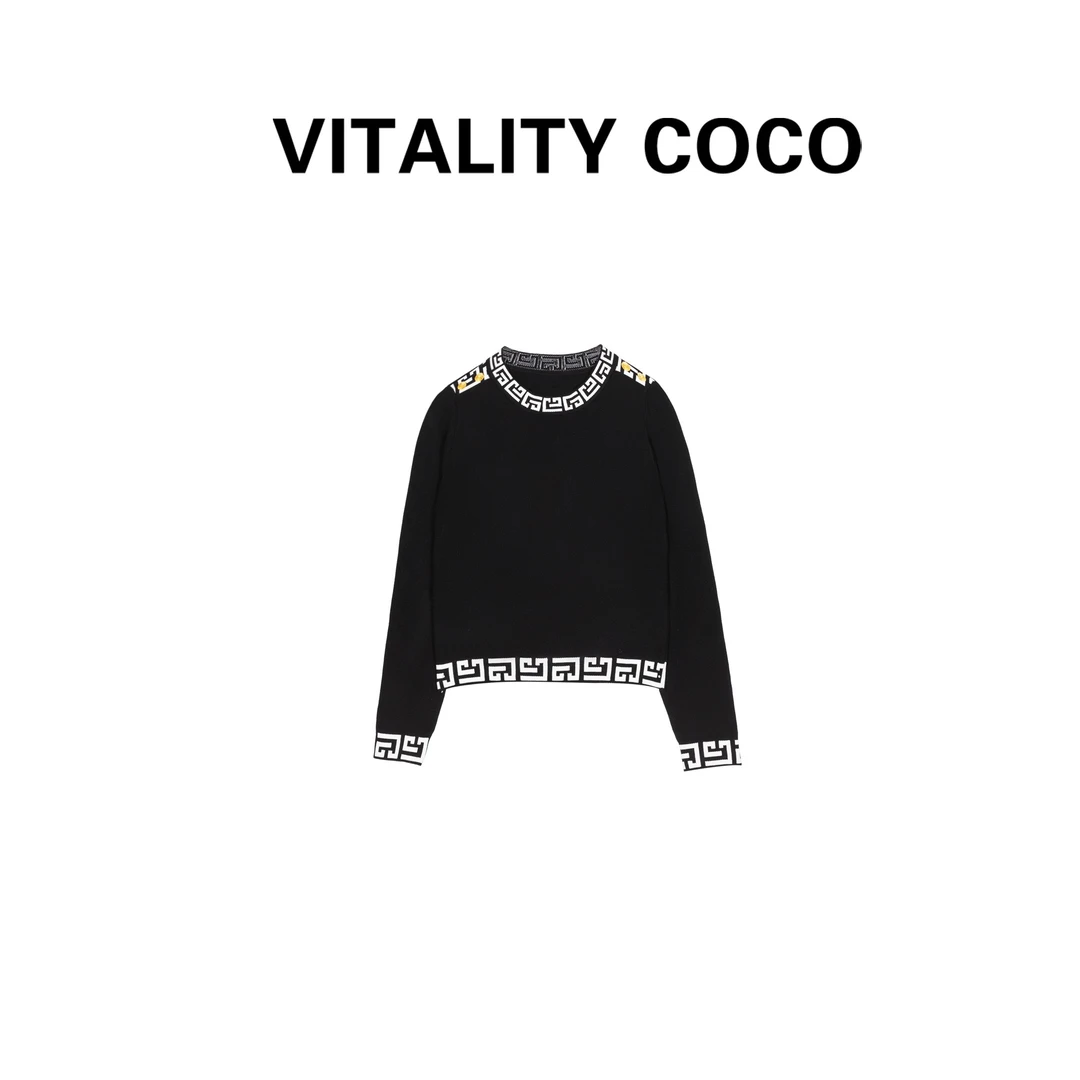 「VITALITY COCO」领口撞色迷宫格logo休闲圆领针织-755
