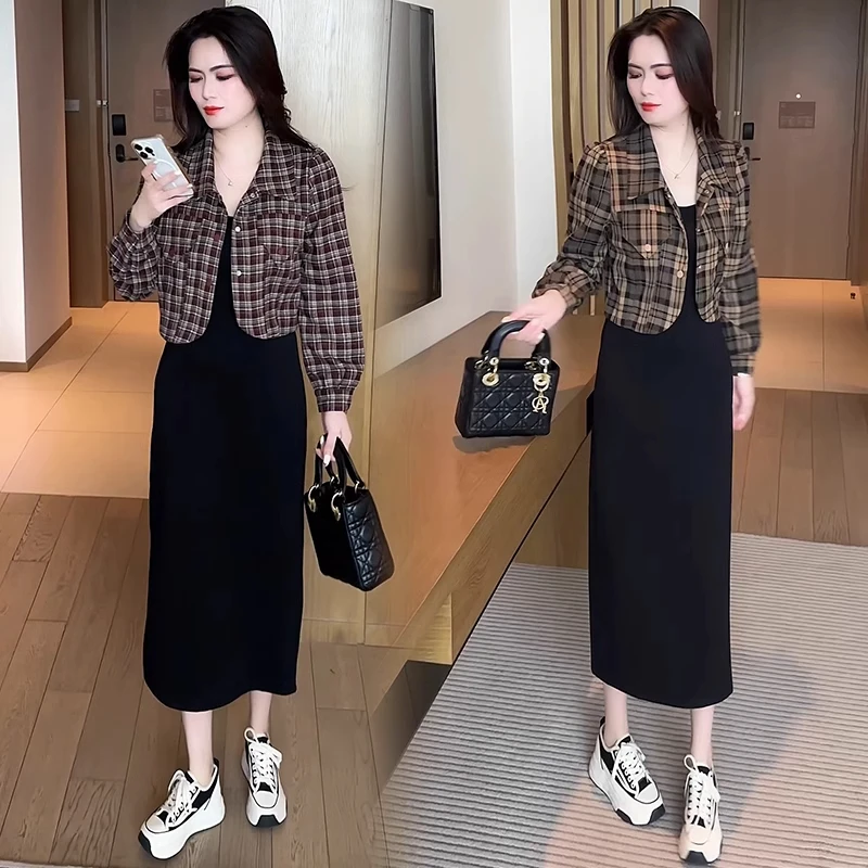 时尚连衣裙套装女2025春季新款洋气显瘦小个子短外套裙子两件套裙