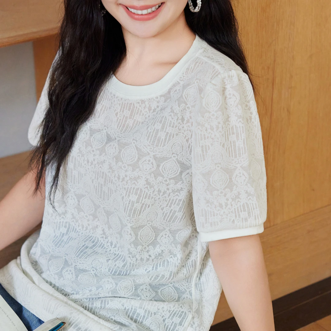 【针织提花蕾丝正肩短袖T恤】MsShe大码女装2025秋显瘦圆领C2505027