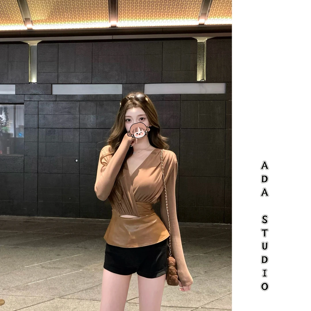 Ada定制【纯欲通勤】交叉V领褶皱长袖T恤女修身收腰极简风气质