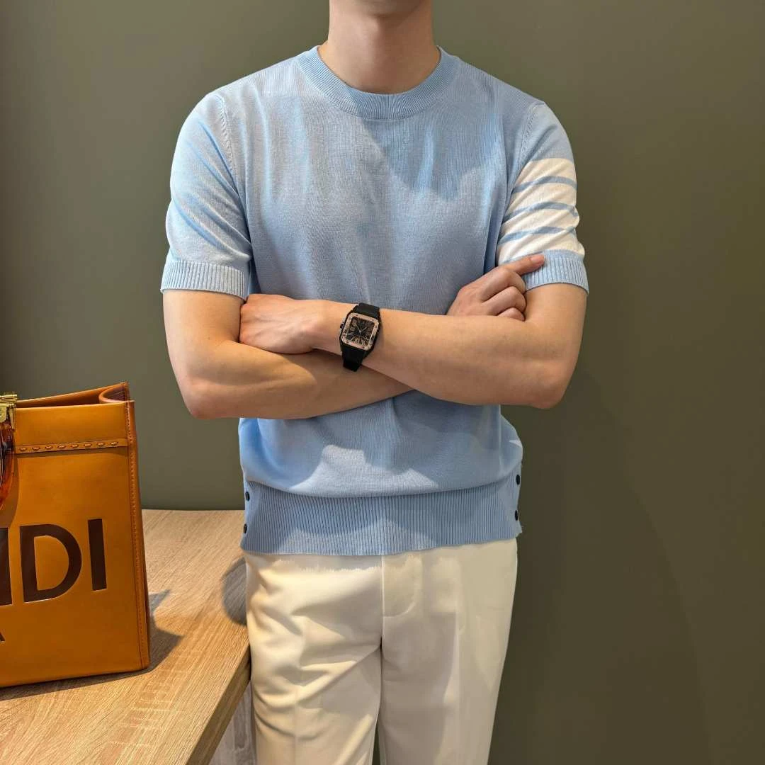 WUSHE物社【冰丝透气】夏季男士时尚T恤简约四条杠点缀薄款针织衫男