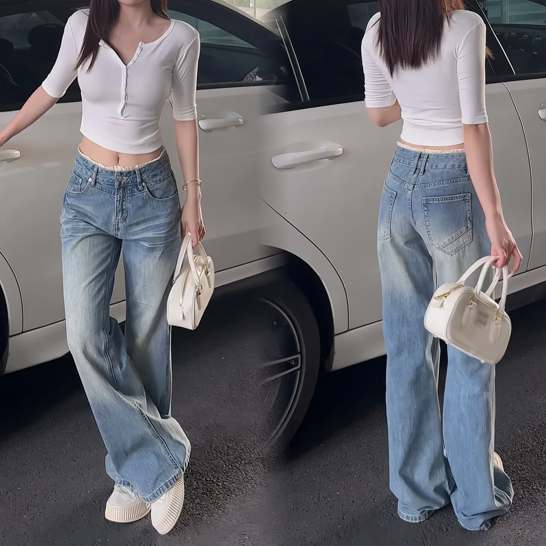 小鱼故事 秋季新款花边蕾丝低腰不贴腿微喇牛仔裤显瘦辣妹拖地裤