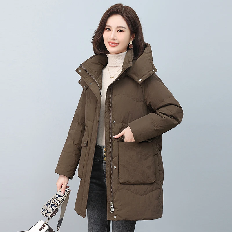 3335冬装新款加厚羽绒服女士大码宽松休闲连帽中长款羽绒外套防寒