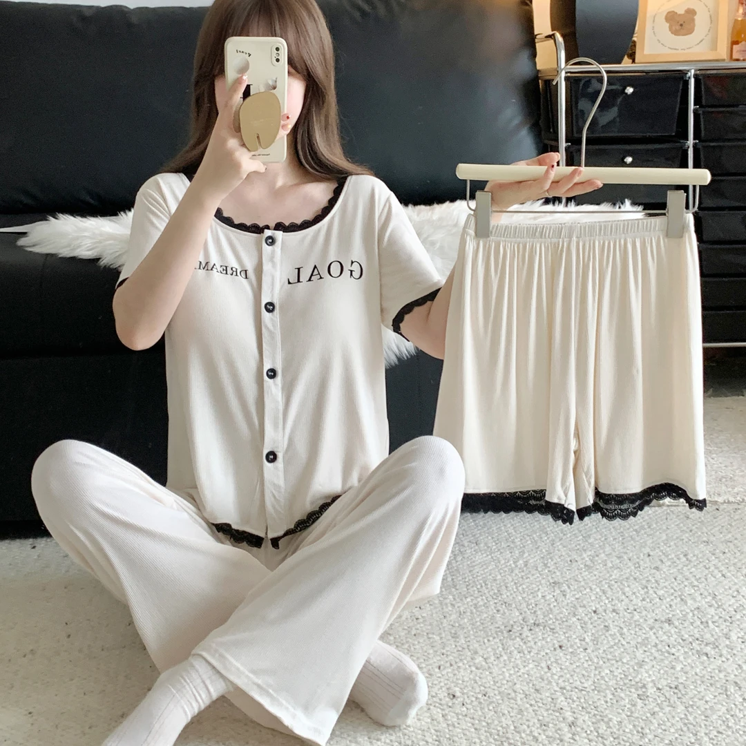 新款甜美带胸垫睡衣女款三件套夏季薄款莫代尔开衫短袖套装家居服