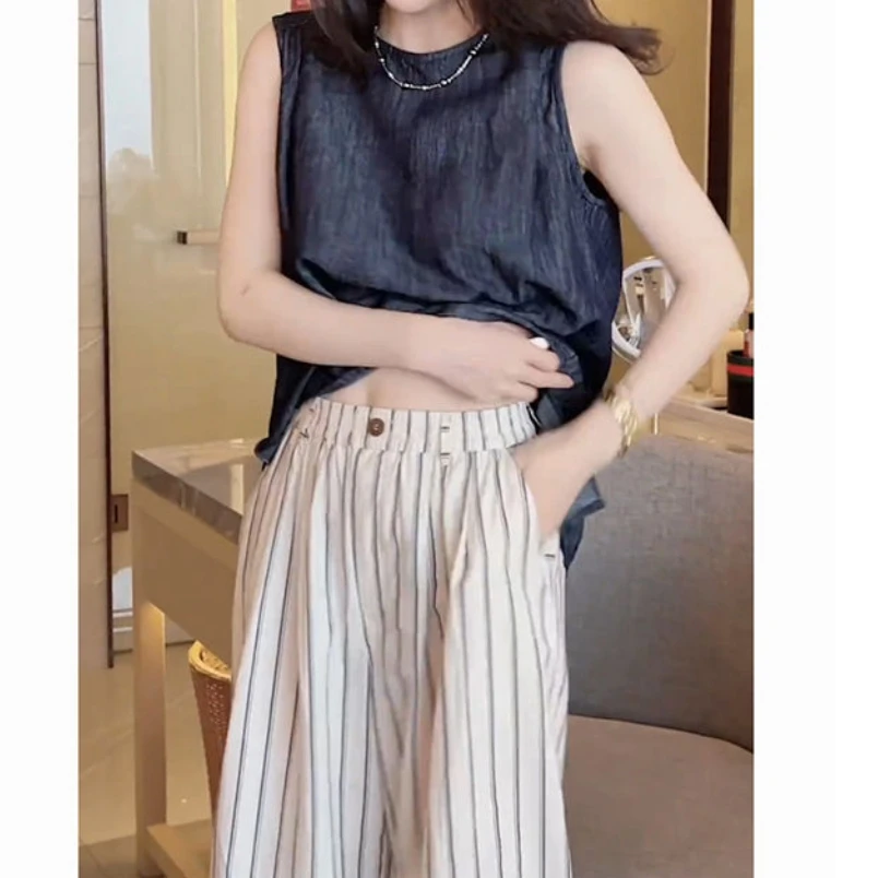 夏季新款时尚女装圆领无袖开叉小衫显瘦条纹简约百搭阔腿裤套装女