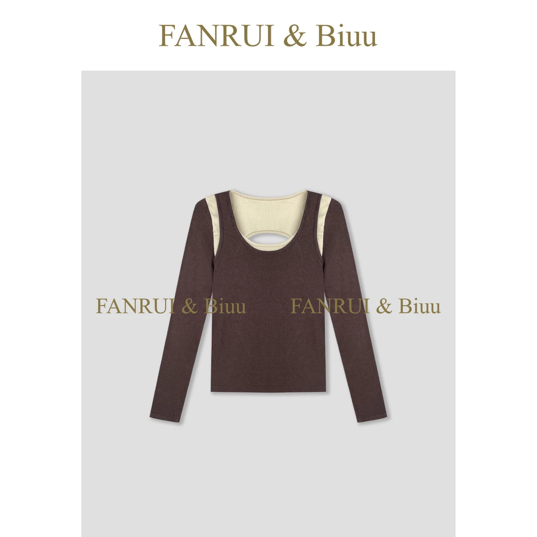 FANRUI/泛芮「甜酷拼盘」撞色假两件韩系ins设计长袖露背上衣B17500