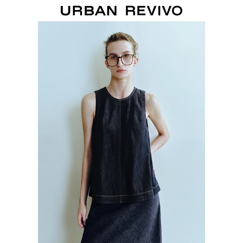 UR2025秋季新款女装丹宁回潮撞色明线无袖牛仔衬衫UWU850008