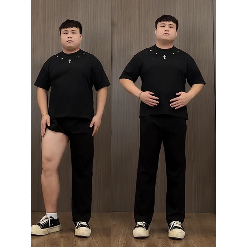 微胖男生穿搭黑色弯刀牛仔裤男秋季腿粗屁股大显瘦裤子窄版微喇裤