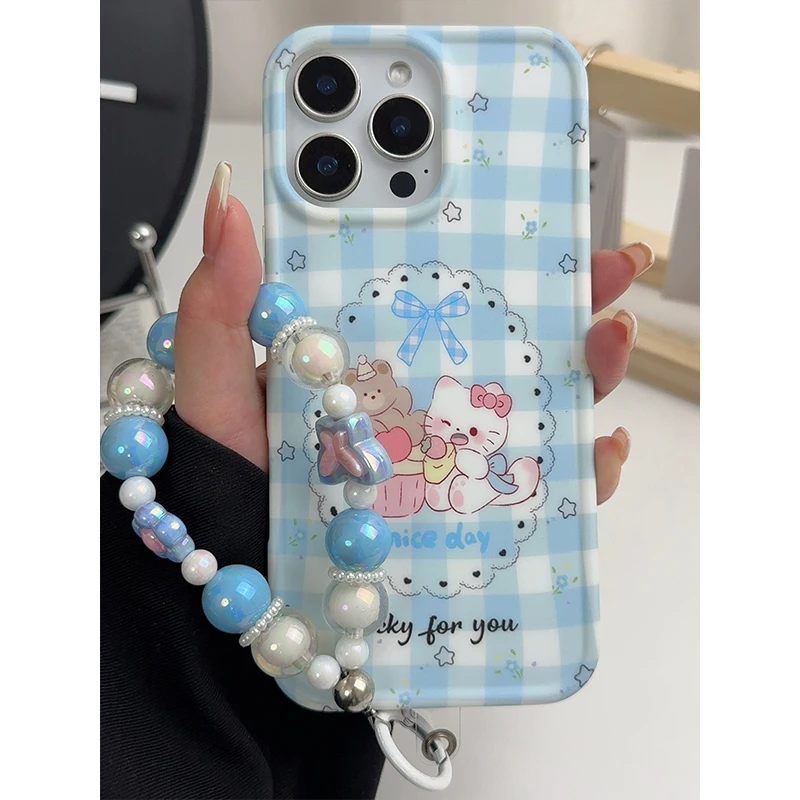 蓝色格纹小熊猫咪适用苹果16promax手机壳iPhone14女13ins风可爱