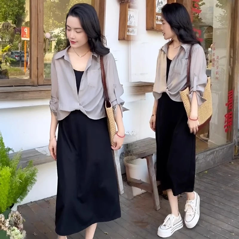 微胖穿搭一整套夏季新款薄款防晒衬衫黑色吊带连衣裙显瘦套装2072