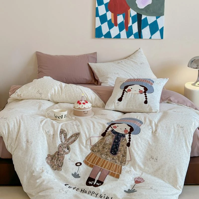 朵兰家纺-小女孩双层纱全棉四件套1.5m1.8米床A类母婴级纯棉被套