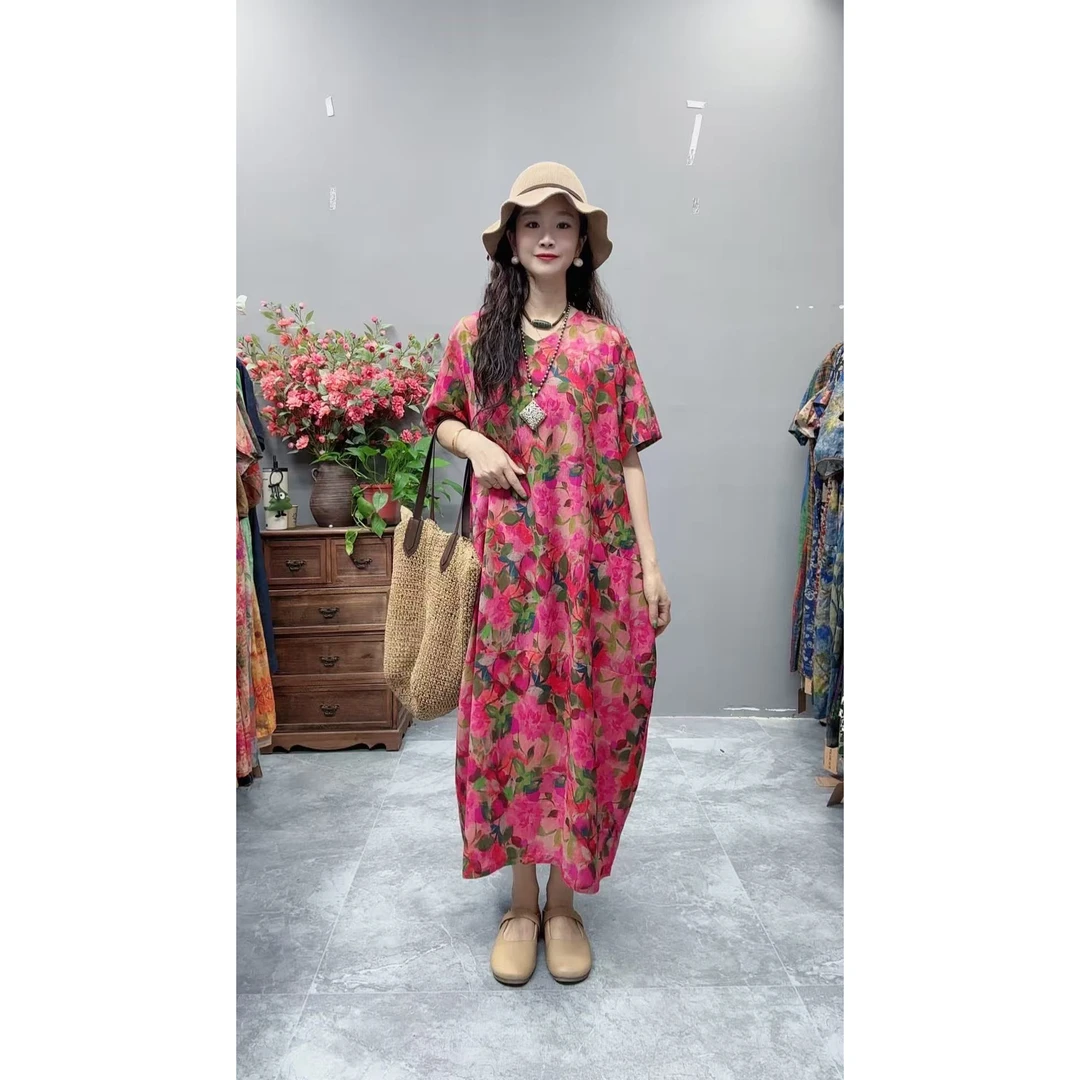 5170新款夏季韩版显瘦气质时尚印花洋气复古宽松碎花连衣裙妈妈装