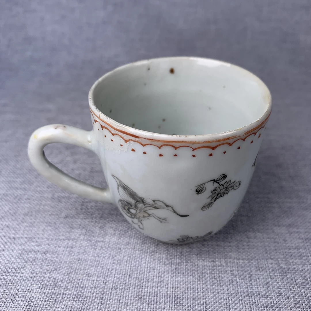 清代墨彩花卉杯古瓷器真品国营镇江市文物商店库出5128271