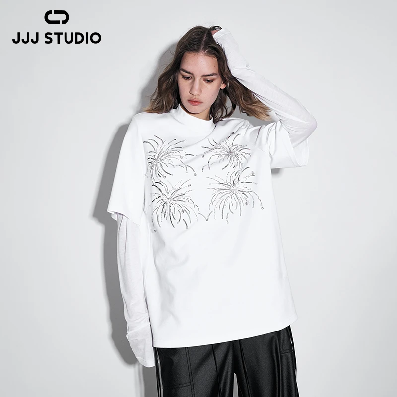 JJJ STUDIO 白色假两件珠片绣烟花宽松高圆领设计T恤女JDWWS2T028