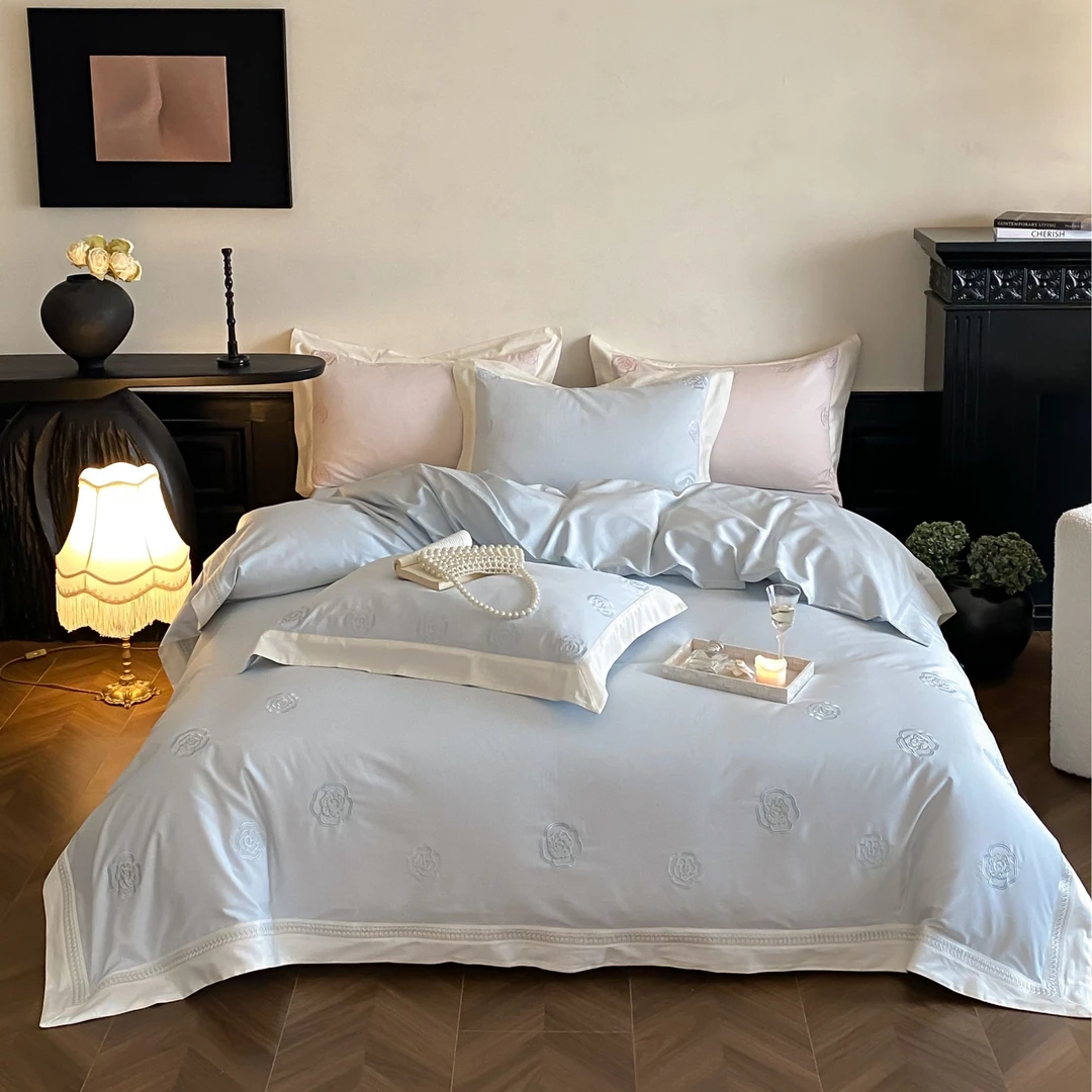 BK【YANG-香缇卡】100S全棉长绒棉刺绣小清新四件套轻奢简约纯色