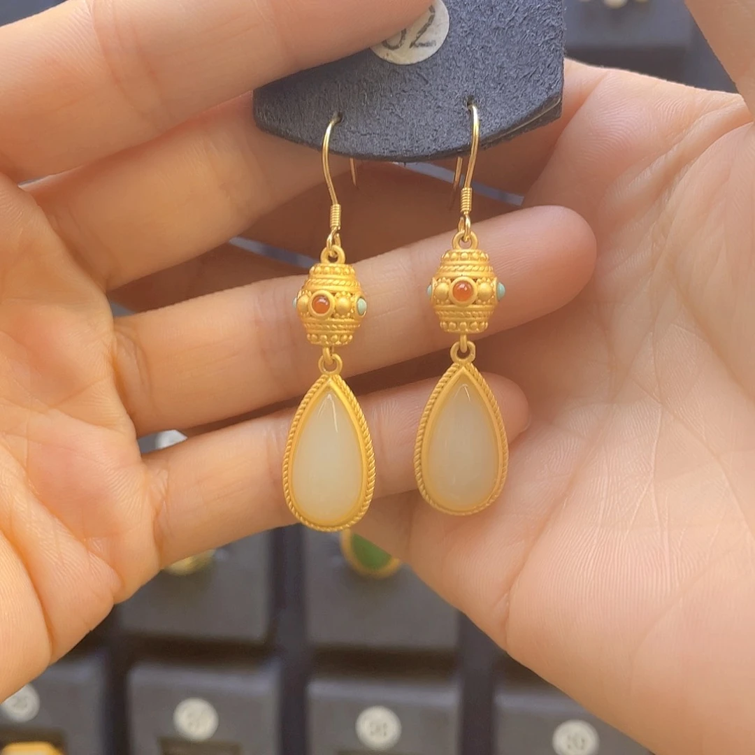 和田玉耳饰银S925镀金镶嵌