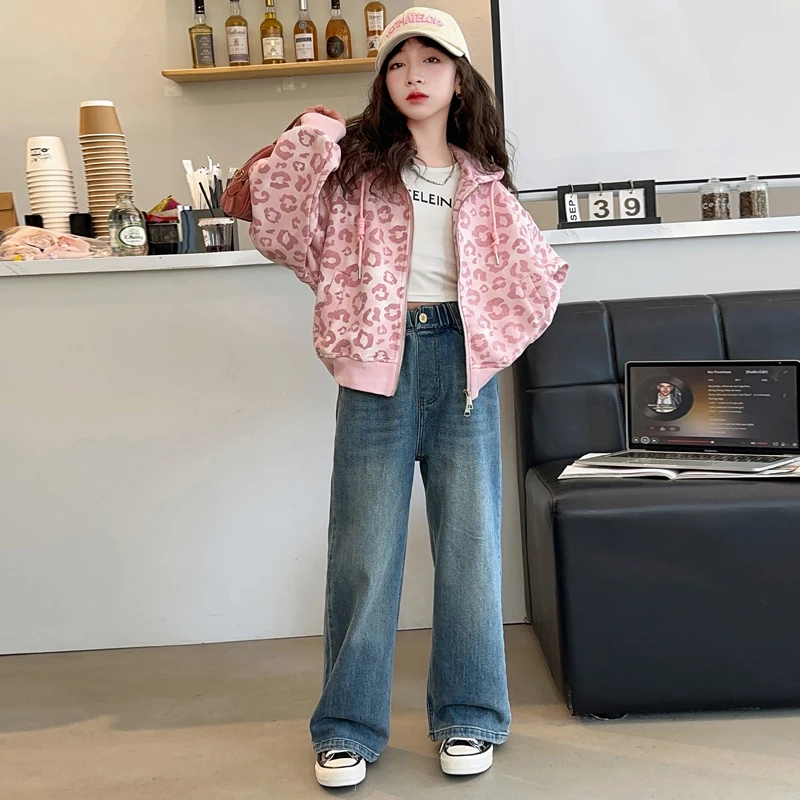 女童春秋开衫外套2025女孩洋气粉色豹纹上衣儿童装春秋连帽