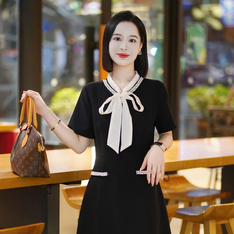 罗美拉 25年夏季高级感精致V领重工钉钻蝴蝶结显瘦连衣裙#516
